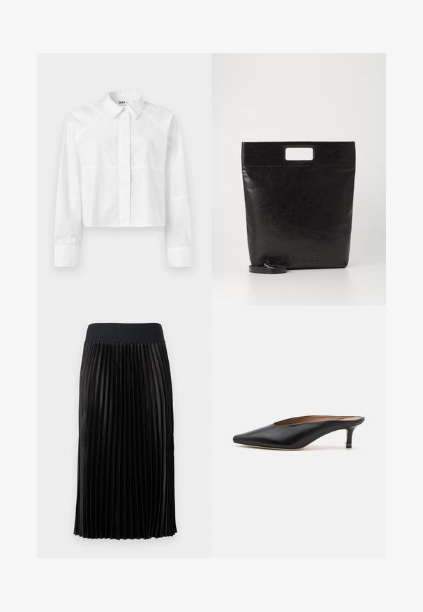 White cropped shirt made from a smooth fabric, featuring a classic collar, long sleeves, and subtle seam detailing. Logo "DAY" at the collar.; Black pleated skirt with a smooth texture, featuring a wide black waistband embossed with "HUGO." Knee-length design.; Black leather mules with a pointed toe and low, block heel. Smooth texture with a sleek design. Open back with minimal detailing.; Black leather tote bag with a square handle, featuring a textured finish and embossed logo. Includes a detachable strap.
