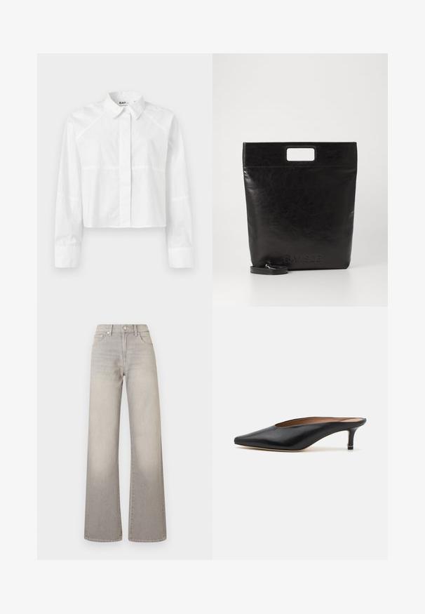White cropped shirt made from a smooth fabric, featuring a classic collar, long sleeves, and subtle seam detailing. Logo "DAY" at the collar.; Gray wide-leg jeans with a faded finish, button closure, five-pocket design, and stitched detailing along the seams.; Black leather mules with a pointed toe and low, block heel. Smooth texture with a sleek design. Open back with minimal detailing.; Black leather tote bag with a square handle, featuring a textured finish and embossed logo. Includes a detachable strap.