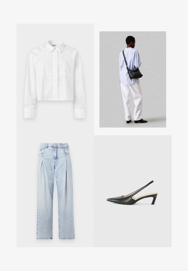 Balta cropped marškiniai, pagaminti iš lygaus audinio, su klasikiniu apykakle, ilgomis rankovėmis ir subtiliais siūlių akcentais. Logotipas "DAY" prie apykaklės.; Šviesiai mėlyni džinsai su aukštu liemeniu, plačiomis kojomis, dviem šoninėmis kišenėmis ir raukinių dizainu. Minkšta tekstūra su nudilusia apdaila.; Juodas smailus slingback batelis su žemu kulnu, pagamintas iš lygaus odos paviršiaus ir su išpjovomis šone, užtikrinančiomis oro pralaidumą.; Juodas odinis petinis krepšys su minkšta tekstūra, trikampiu pavidalu ir reguliuojama juosta, derinamas su šviesiai mėlynu dryžuotu marškinėliu ir baltais džinsais.