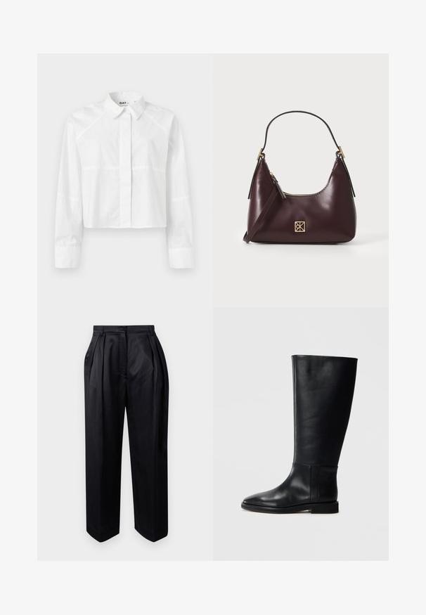 Biała krótka koszula wykonana z gładkiego materiału, z klasycznym kołnierzykiem, długimi rękawami i subtelnymi detalami szwów. Logo "DAY" na kołnierzu.; Czarne, wysokiej talii spodnie wykonane z gładkiego materiału, z prasowanymi zakładkami, szerokimi nogawkami i prostym krojem o lekko zwężających się końcach.; Czarne skórzane kozaki za kolano z zaokrąglonym noskiem, gładką teksturą, minimalistycznym designem i płaską podeszwą. Proste detale szwów na cholewie.; Burgundowa skórzana torebka o zaokrąglonym kształcie, z złotymi akcentami na elementach metalowych oraz zamknięciem na zamek błyskawiczny. Posiada odpinany pasek na ramię.