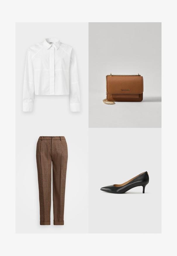 Hvit cropped skjorte laget av et glatt stoff, med klassisk krage, lange ermer og subtile sømdetaljer. Logotype "DAY" på kragen.; Brune rutete bukser med en skreddersydd passform, med legg, knappelukking og opprettede nederkanter. Strukturerte stoffer med oransje accenter.; Sorte lærpumpe med spiss tå, lav hæl og en glatt tekstur. Har en liten åpning foran og minimalt med beslag bak.; Brun teksturert lær crossover-veske med gullkjede-stropp og klaffelukking. Fronten har logo-detalj og en lomme under klaffen.