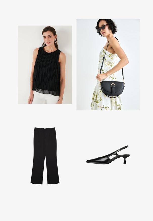 Čierny bezrukávový top s vertikálnymi plisovaním, okrúhlym výstrihom a splývavým siluetou. Vyrobený z ľahkej tkaniny s vrstvenou textúrou.; Čierne nohavice so strihom rovného strihu, s prednými vreckami a bočnými rozparkami na leme. Vyrobené z mäkkej, hladkej tkaniny. Vhodné na rôzne príležitosti.; Čierne lakované kožené lodičky na podpätku s špicatou špičkou, výrezovým dizajnom na boku a malým štvorcovým podpätkom. Hladký povrch s minimálnymi akcentmi.; Čierna kožená kabelka s zaobleným tvarom, odnímateľným popruhom a zlatými doplnkami. Kabelka má klopu s detailom s prackou.