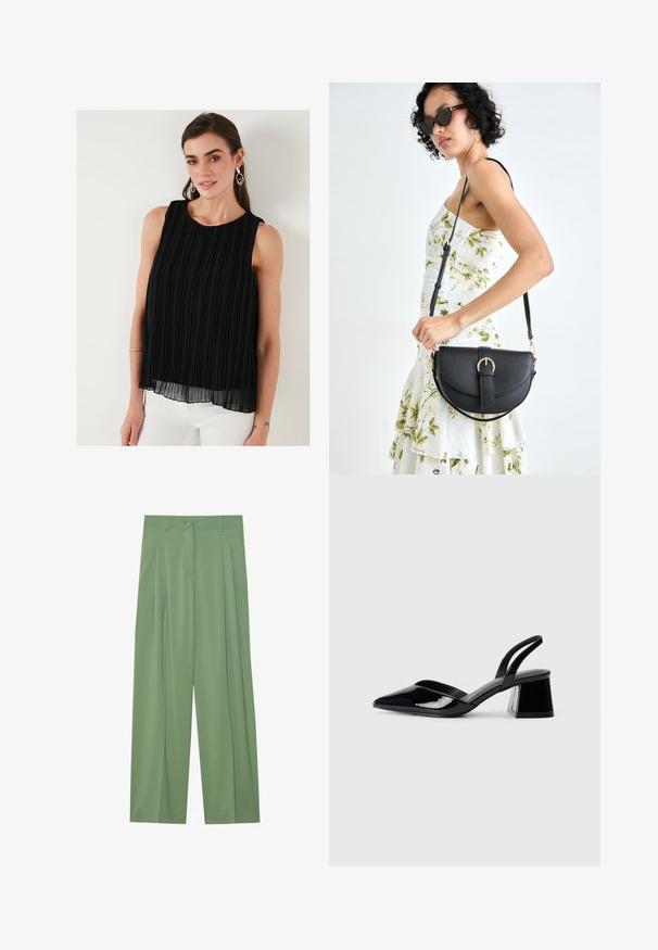 Fekete, ujjatlan felső függőleges redőzéssel, kerek nyakkivágással és folyékony sziluettel. Könnyű anyagból készült, réteges textúrával.; Zöld, bő szárú nadrág sima anyagból. Elöl pliszék, egy gombos zárás és övbújtatók találhatók rajta.; Fekete lakk bőr szandálkés magas sarkú cipő, hegyes orral és geometrikus tömbsarkakkal. Karcsú, minimalista dizájn és sima textúra jellemzi.; Fekete bőrtáska ívelt formával, levehető pánttal és arany színű fémrészekkel. A táskán egy csattal díszített fedél található.