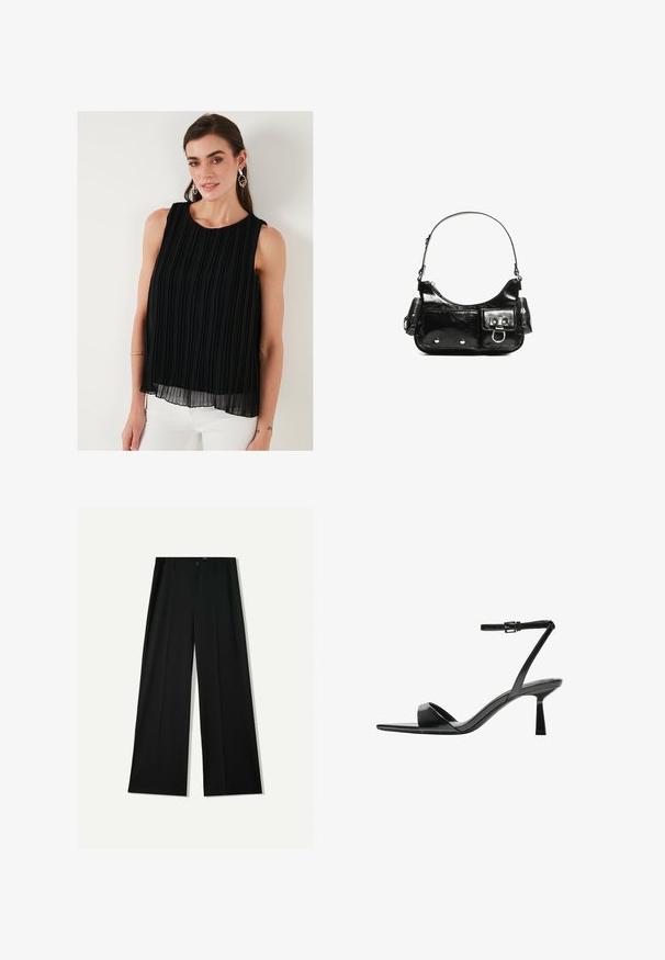Black sleeveless top with vertical pleats, round neckline, and a flowing silhouette. Made of lightweight fabric with a layered texture.; Bershka WIDE - Trousers - black; Bershka High heeled sandals - black; Black patent leather handbag with a curved shape, one shoulder strap, front pockets, and silver-tone hardware accents.