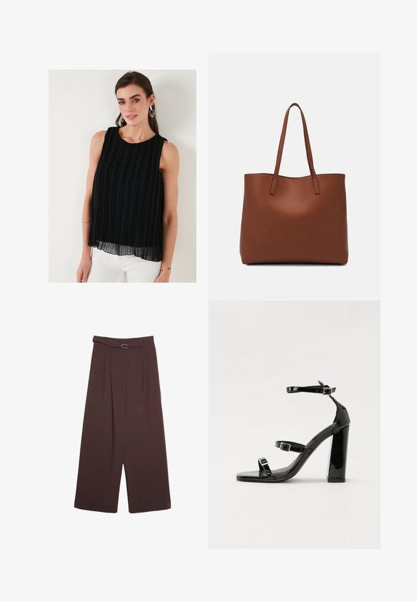 Čierny bezrukávový top s vertikálnymi plisovaním, okrúhlym výstrihom a splývavým siluetou. Vyrobený z ľahkej tkaniny s vrstvenou textúrou.; Stradivarius WIDE-LEG WITH BUCKLE DETAIL - Nohavice - dark brown; Čierne lakované sandále na podpätku so štvorcovou špičkou, navlečenými remienkami okolo členku a striebornými prackami. Disponujú masívnym blokovým podpätkom pre stabilitu.; Hnedá kožená taška na rameno s hladkou textúrou, otvoreným vrchom a dvoma ramenými popruhmi. Má minimálne šitia a žiadne viditeľné kovania.