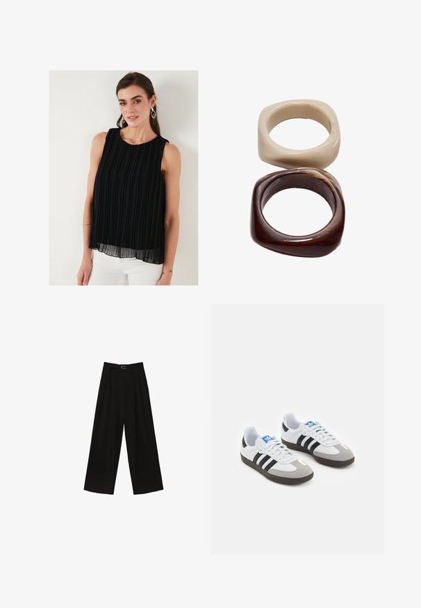 Schwarzes ärmelloses Top mit vertikalen Falten, rundem Ausschnitt und fließender Silhouette. Hergestellt aus leichtem Stoff mit geschichteter Textur.; Schwarze, weit geschnittene Hose mit hoher Taille, ausgestattet mit einem Gürtel in der Taille und Falten für Struktur. Hergestellt aus einem glatten, leichten Stoff.; Sportschuhe mit einem Obermaterial aus weißem Leder, grauer Wildleder-Zehenkappe und drei schwarzen Streifen. Sie verfügen über ein blaues Logo auf der Zunge und eine strukturierte Gummisohle.; Stradivarius SET - Armband - dark brown