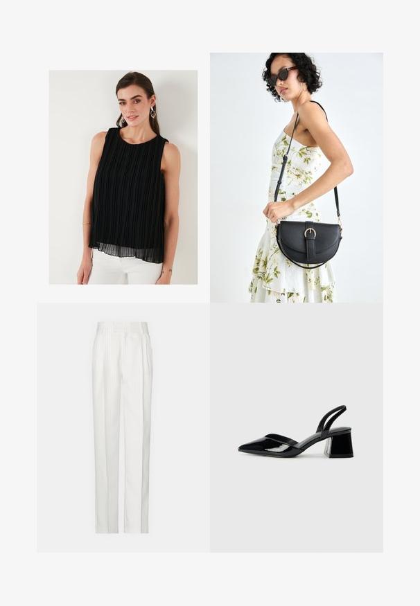 Top negro sin mangas con plisados verticales, escote redondo y una silueta fluida. Confeccionado en una tela ligera con una textura en capas.; Pantalones blancos a rayas con un diseño de pierna recta, hechos de una tela ligera. Presenta pliegues en la parte delantera y una cinturilla tradicional.; Zapatos de tacón slingback de charol negro con punta afilada y tacón geométrico en bloque. Presentan un diseño elegante y minimalista, así como una textura suave.; Bolso de piel negra con forma curva, correa desmontable y herrajes dorados. El bolso cuenta con una solapa con un detalle de hebilla.