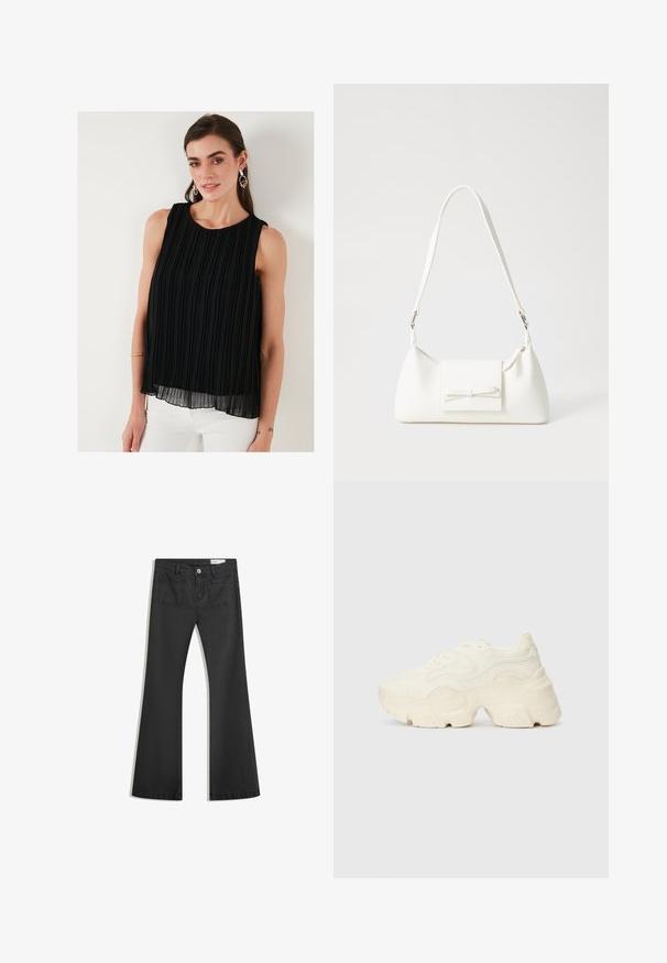 Zwarte mouwloze top met verticale plooien, ronde halslijn en een luchtige silhouet. Gemaakt van lichte stof met een gelaagde textuur.; Zwarte flared jeans van denim met een gladde textuur, voorzien van twee achterzakken en een knoopsluiting bij de taille.; Chunky witte sneakers gemaakt van geperforeerd mesh en synthetische materialen, met een dikke zool en ingewikkelde patroon details aan de zijkanten.; Witte synthetische handtas met een driehoekige vorm, platte voorklep en strikdetail, verstelbare schouderriem, gladde textuur en minimalistisch ontwerp.