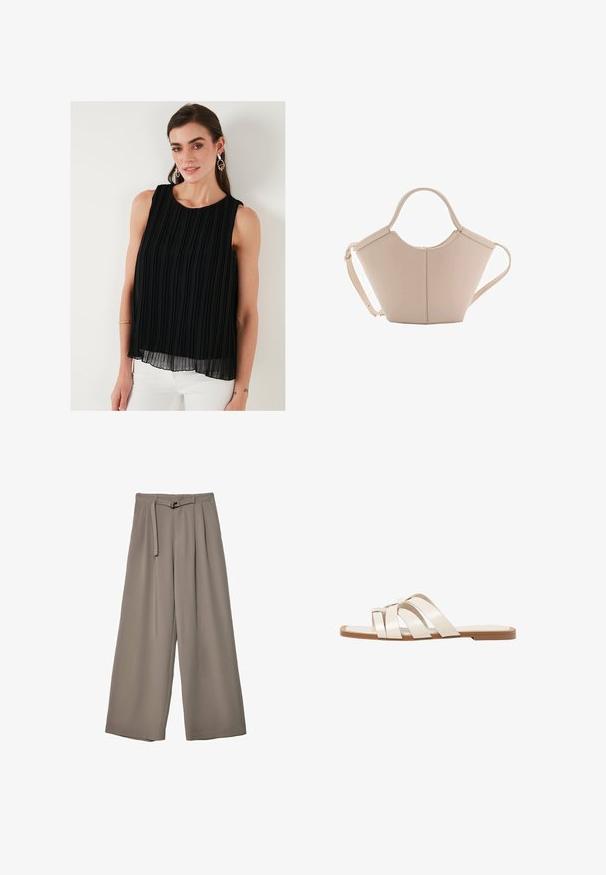 Černý bezrukávový top s vertikálními plisami, kulatým výstřihem a volným střihem. Vyroben z lehkého materiálu s vrstvenou texturou.; Kalhoty s širokými nohavicemi v měkké, tlumené šedé látce, s páskem v pase a sklady pro přidaný designový detail. Hladká textura, bez vzorů.; Ploché sandály s hnědou gumovou podrážkou, navržené se třemi překrývajícími se bílými koženými řemínky a malým mašlí uprostřed.; Beige kožená kabelka s jedinečným tvarem, vybavená dvěma krátkými uchy a dlouhým nastavitelným popruhem. Hladká textura s minimem kovových doplňků.