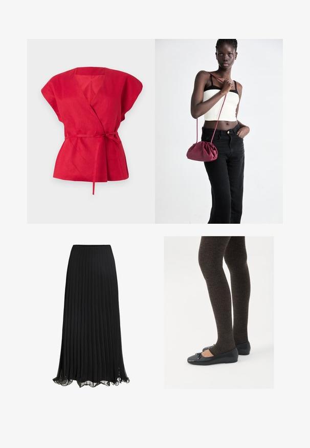 Rød linned indpakningsbluse med korte, brede ærmer, en dyb V-halsudskæring og et bundet taljebælte. Tekstureret stof med en glat overflade.; Sort plisseret maxiskørt lavet af letvægtsstof med et flydende design. Har en volangkant og elastisk talje for komfort.; Sorte flade sko med en lille sløjfedetalje ved tåen, parret med mørkebrune ribbede strømpebukser. Skoene har en glat overflade og lav profil.; Bordeaux blødt stof håndtaske med en sammenpresset design og en lang rem, båret som crossbody. Modellen bærer en hvid cropped top og sorte jeans.