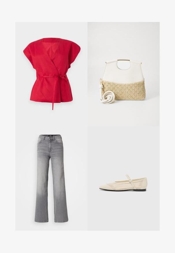 Top envolvente de lino rojo con mangas cortas y anchas, escote en V profundo y un cinturón atado en la cintura. Tejido texturizado con un acabado suave.; Vaqueros de mezclilla gris de pernera recta y cintura alta, con botón y cremallera frontales, bolsillos delanteros y traseros, y efectos de desvanecimiento en los muslos y las pantorrillas.; Bailarinas de color beige con punta afilada, un diseño de malla superpuesto y una correa con hebilla lateral. Suela plana con una textura suave.; Bolso de mano de piel blanca con un fondo de tejido trenzado en crema texturizado. Cuenta con un asa en tono dorado y una correa blanca enrollada para mayor versatilidad.