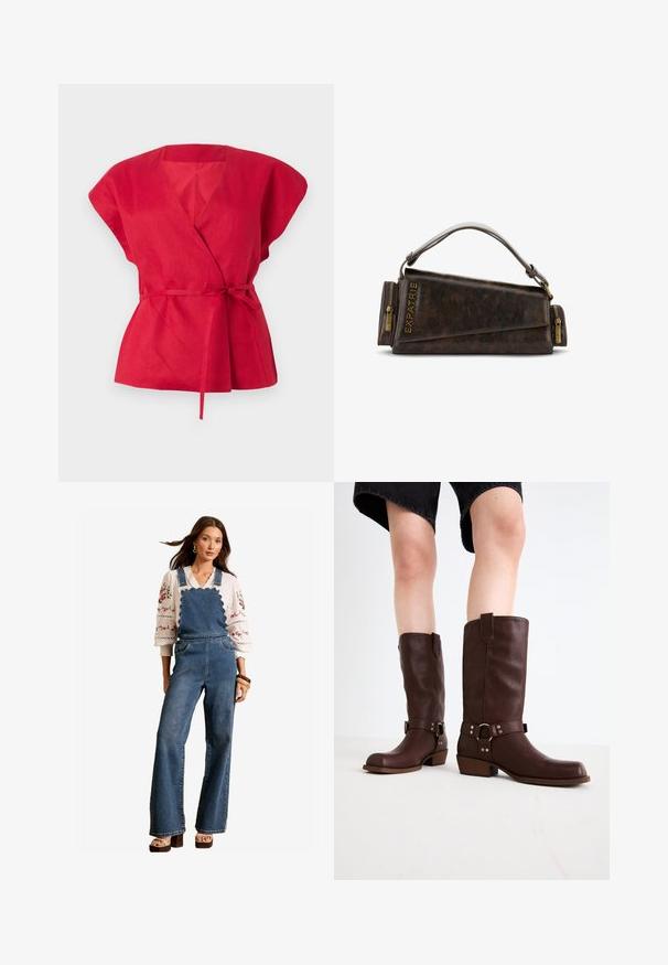 Top avvolgente in lino rosso con maniche corte e larghe, scollo a V profondo e cintura annodata in vita. Tessuto con texture e finitura liscia.; Salopette in denim con un design scallopato sul bavaglino, gambe svasate e tasche laterali. Abbinata a una blusa bianca ricamata e accessori in legno.; Stivali marroni in pelle al ginocchio con punta rotonda, superficie testurizzata, cinturino alla caviglia e dettagli in metallo argentato; tacco impilato.; Borsa a mano in pelle marrone con un design geometrico, caratterizzata da un manico superiore e dettagli in ottone sulla cerniera. Logo stampato a caldo sul lato.