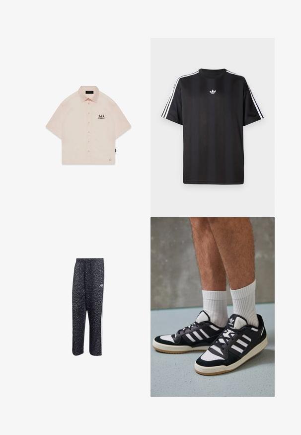 Camisa de botones de manga corta en melocotón con cuello puntiagudo, cierre de botones en la parte frontal y un diseño gráfico negro en el lado izquierdo del pecho.; Camiseta negra de manga corta con detalles de tres rayas blancas en los hombros y un pequeño logo blanco en el pecho. Textura de tela suave.; Pantalones deportivos negros con un patrón de leopardo, con un diseño de tres rayas blancas y un logo de marca deportiva en el lateral.; Zapatillas en blanco y negro con parte superior de ante y cuero, que presentan tres franjas blancas, una puntera perforada y una suela de goma.