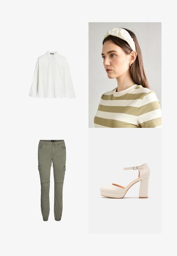 Cămașă albă cu mâneci lungi, confecționată dintr-un material fin, având un guler clasic și închidere cu nasturi în față, cu o tivire dreaptă și o croială lejeră.; Pantaloni cargo verde măsliniu dintr-un amestec de bumbac rezistent, cu manșete îngustate, multiple buzunare și pliuri la genunchi pentru o mobilitate sporită.; Cizme cu platformă de culoare crem, cu vârf rotunjit și curea ajustabilă la gleznă. Prezintă un toc masiv cu un accent subtil din lemn.; Bandă de cap din material moale, de culoare crem, cu un design răsucit, purtată alături de o bluză în dungi bej și albă, cu guler rotund. Accente discrete din bijuterii.