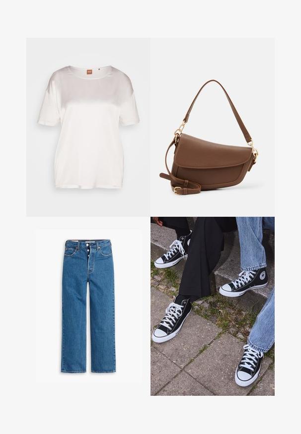 Balta trumpa rankovėmis palaidinė, pagaminta iš lygaus, lengvo audinio. Apvalus kaklas su subtiliu logotipo etikete viršutinėje nugaros dalyje. Paprastas ir minimalistinis dizainas.; Mėlyni džinsai tiesaus šešiakampio modelio su aukšta liemens linija, penkių kišenių dizainu ir sagčių užsegimu. Matoma siuvimo linija ir vario atspalvio varžtai.; Juoda aukšta avalynė iš kanvos su baltais guminiais padais ir raišteliais, su apvaliu logotipu šone, derinama su džinsais ir juodomis kelnėmis.; Ruda odinė petinė kuprinė su tekstūrine apdaila, išlenkta forma, auksinės spalvos aksesuarai, reguliuojama juosta ir dangtis.