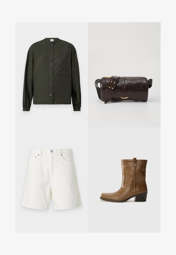 Camisa verde escura de botões com colarinho mandarim, mangas longas, bolso no peito e tecido suave e texturizado.; Camisola de mangas longas, bege claro, com decote redondo. Feita de um tecido macio, apresenta uma costura central e uma bainha ligeiramente curva. Sem ferragens visíveis.; Calções de ganga brancos, com corte reto, design de cinco bolsos, fecho frontal por botão, metal prateado e detalhes com costura.; Bota de tornozelo em couro castanho com bico quadrado, acabamento texturizado e salto baixo em camadas. Apresenta uma alça na parte de trás e detalhes de costura discretos.; Bolsa de couro com textura de crocodilo na cor marrom, com forma cilíndrica, metalizações em tom dourado e uma alça destacável com tachas.