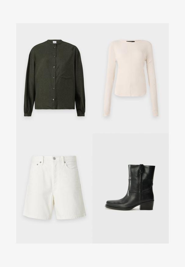 Tamnozelena košulja s dugim rukavima i mandarin ovratnikom, s prsnom džepom i glatkom, teksturiranom tkaninom.; Dugih rukava, svijetlo bež majica s okruglim izrezom. Izrađena od mekanog materijala, ima središnji šav i blago zakrivljen rub. Nema vidljivih metalnih dijelova.; Bijele traperice kratke hlače s ravnim krojem, dizajnom s pet džepova, prednjim kopčanjem na dugme, srebrnim detaljima i šivenim ukrasima.; Crne kožne čizme do članaka s okruglim vrhom, blok potpeticom, bočnim patentnim zatvaračem i detaljima od šavova na gornjem dijelu. Glatka tekstura, klasičan dizajn.
