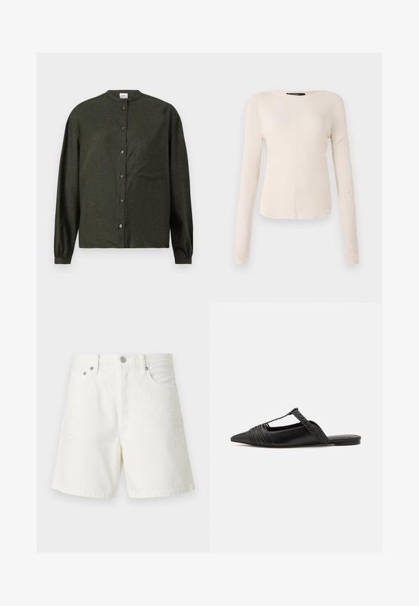 Temno zelena srajca s kratkimi rokavi in mandarin ovratnikom, dolgi rokavi, žep na prsih in gladka, teksturirana tkanina.; Dolga majica v svetlo bež barvi s okroglim izrezom. Narejena iz mehkega materiala, ima osrednji šiv in rahlo ukrivljen rob. Ni vidnih elementov.; Beli džins kratke hlače s ravnim krojem, pet žepnim oblikovanjem, sprednjim gumbom za zapiranje, srebrnimi dodatki in vticami.; Črne usnjene sandale s priponko, koničastim nosom in tkano dekoracijo ter gubanjem na zgornjem delu. Ravna podplata z minimalno opremo.