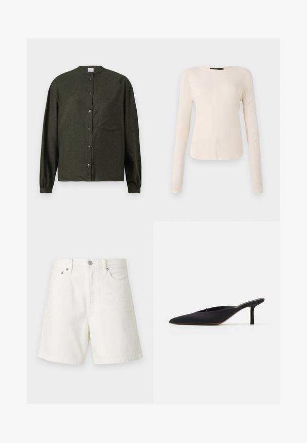 Donkergroen blouse met opstaand kraagje, lange mouwen, borstzak en een gladde, gestructureerde stof.; Langsleeve, lichtbeige top met een ronde halslijn. Gemaakt van zachte stof, heeft een centrale naad en een iets gebogen rand. Geen zichtbare hardware.; Witte denim shorts met een rechte snit, vijf zakken, voorste knoopsluiting, zilveren hardware en gestikte details.; Zwarte muiltje met spitse neus en een strak ontwerp, gemaakt van gladde stof, met een slanke hak en open achterkant voor gemakkelijk aan- en uittrekken.