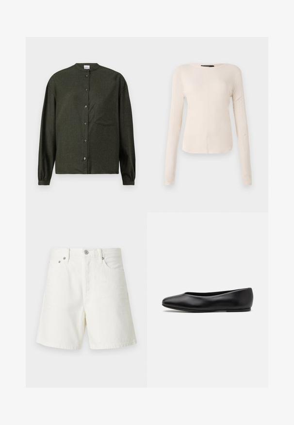 Tmavě zelená košile na knoflíky s mandarínským límcem, dlouhými rukávy, náprsní kapsou a hladkým, strukturovaným materiálem.; Dlouhý rukáv, světle béžový top s kulatým výstřihem. Vyrobeno z jemné látky, má středový šev a mírně zaoblený lem. Bez viditelné kovové úpravy.; Bílé denimové kraťasy se rovný střihem, pětivreckovým designem, zapínáním na tlačítko vpředu, stříbrnými kovovými detaily a prošitím.; Paul Smith TOPANGA - Klasické baleríny - black