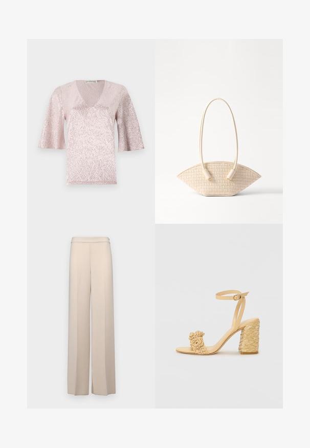 Pink, kortærmet top med V-hals, der har en tekstureret overflade og glimmerdetalje. Stoffet har en metallisk, blank finish.; Beige vidde bukser i et glat stof med høj talje og subtile frontfolder. Ingen lommer eller synlige hardware detaljer.; Beige høje hæle sandaler med en fletstruktur, der har en dekorativ blomst og ankelrem. Det firkantede hæl giver stabilitet.; Vævet beige håndtaske med en unik buet form, der har to strukturerede håndtag og cylindrisk hardware-dekoration.