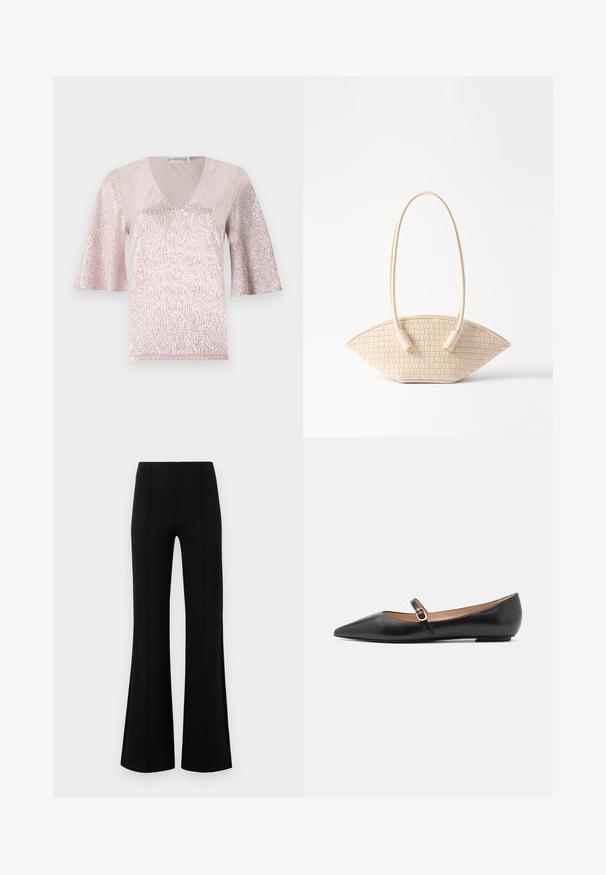 Roosa, lühikeste varrukatega T-särk, millel on V-kaelus, tekstureeritud pind ja sära detail. Kangas on metallik, läikiv viimistlus.; Mustad põlvpüksid kõrge vöökohaga, valmistatud venivast kangast. Esiküljel on vertikaalsed õmblusdetailid ja sile tekstuur.; Musthave mustanahkased balletkingad terava varbaga ja külgrihmaga, millel on ümmargune kuldne aksessuaar. Kerged ja tasase tallaga.; Kootud beež käsipott, millel on ainulaadne kumer kuju, kus on kaks tekstuuriga käepidet ja silindrilised detailid.