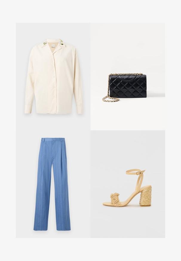 Kreminė marškinėliai su sagomis, siuvinėtais gėlės detalėmis ant apykaklės, pagaminti iš lygaus audinio, turintys ilgomis rankovėmis ir laisvo silueto.; Šviesiai mėlynos plačios kojų kelnės su vertikaliomis baltomis juostelėmis. Pagamintos iš lygaus audinio, turi priekinę raukšlę ir švarų juosmens dizainą.; Bežiniai aukšti kulniukai su pintu tekstūra, puošiami dekoratyvine gėle ir kulkšnies dirželiu. Kvadratinis kulnas suteikia stabilumo.; Juoda juostinė odinė rankinė su auksine grandinėle, kurioje priekyje yra logotipas ir stačiakampio forma.