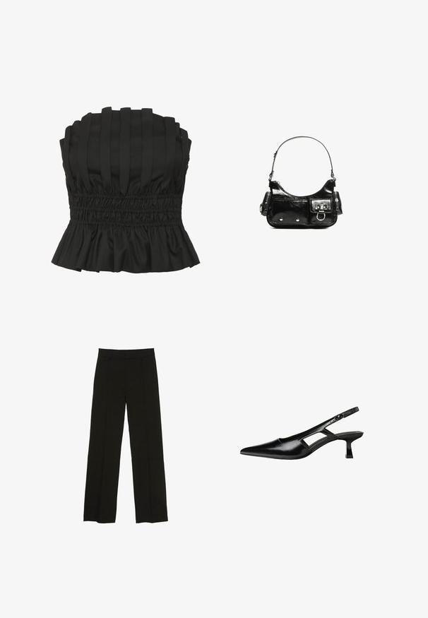 Top nero senza spalline con pieghe verticali, vita arricciata e orlo a balze. Realizzato in tessuto testurizzato per una silhouette aderente.; Pantaloni neri a gamba larga realizzati in un tessuto morbido, con una vita aderente e sottili pieghe frontali per un tocco di consistenza.; Tacchi slingback in pelle verniciata nera con punta affusolata, design con tagli laterali e tacco quadrato piccolo. Texture liscia con dettagli minimi.; Borsa a spalla in vernice nera con forma curvata, una tracolla, tasche frontali e dettagli in metallo argentato.