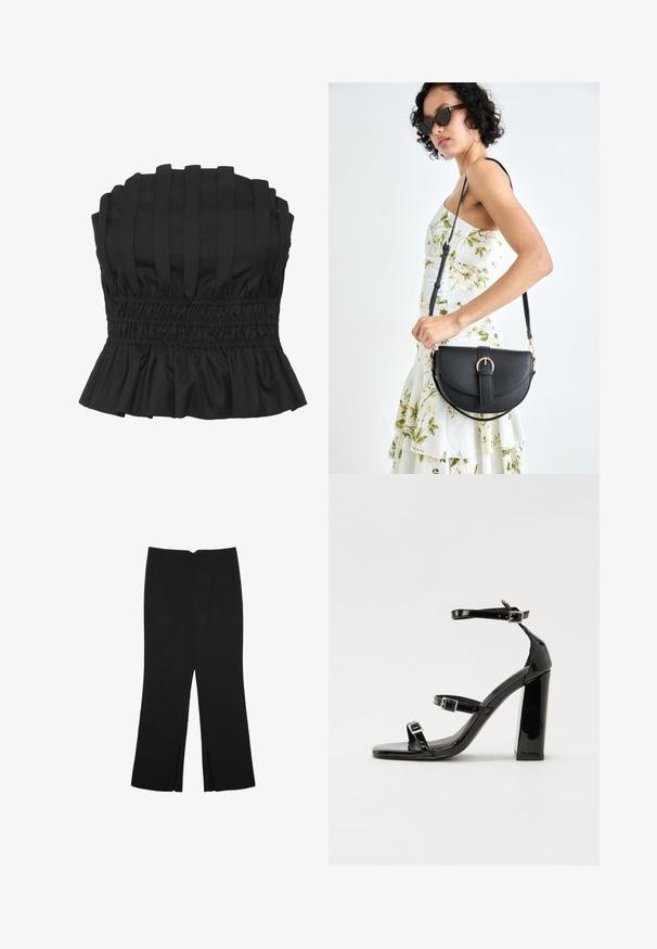 Czarny top bez ramiączek z pionowymi plisowaniami, marszczonym pasem i falbaną u dołu. Wykonany z teksturowanej tkaniny, zapewniający dopasowany krój.; Czarne spodnie o prostym kroju, z przednimi kieszeniami i bocznymi rozcięciami na dole. Wykonane z miękkiego, gładkiego materiału. Odpowiednie na różne okazje.; Czarne lakierowane sandały na obcasie z kwadratowym noskiem, z paskami wokół kostki i srebrnymi klamrami. Posiadają masywny słupek dla stabilności.; Czarna skórzana torebka o zakrzywionym kształcie, z odpinanym paskiem i złotymi akcentami. Torebka posiada klapę z zapięciem w kształcie klamry.