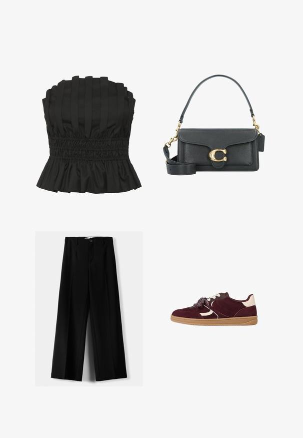 Črna brezramna majica z vertikalnimi naborki, elastiko v pasu in volančkom na robu. Narejena iz teksturiranega materiala za oprijet silhueto.; Črne široke hlače iz lahkega materiala, z zapiranjem na gumb spredaj in ravnim sprednjim delom, s skrbno zašiti robovi.; Burgundska semenska teniska obutev z belimi akcenti, teksturovanimi detajli, debelim gumijastim podplatom in vzorčastimi vezalkami za varen oprijem.; Črna usnjena torbica z zlatim okovjem, ki se ponaša s prepoznavnim zapiralom, odstranljivim ramenskim trakom in teksturirano površino.; Srebrne danglje imajo zapleteno zasnovo iz biserov, s kaskadnimi nitkami fine verige in z vozlom na vrhu.