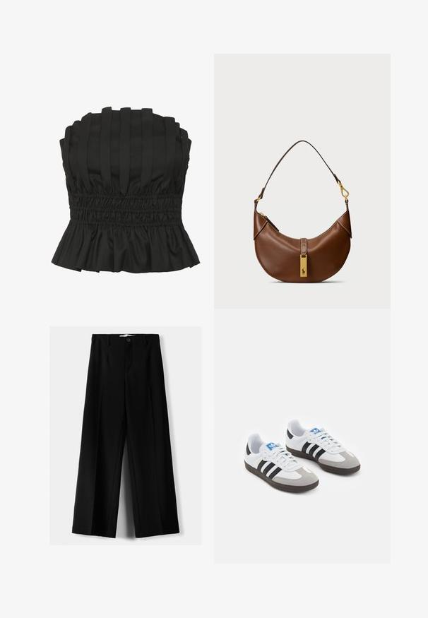 Black strapless top featuring vertical pleats, smocked waist, and a ruffled hem. Made from textured fabric for a fitted silhouette.; Black wide-leg trousers made of lightweight fabric, featuring a front button closure and flat front, with neatly stitched hems.; Sport shoes with a white leather upper, gray suede toe, and three black stripes. Features a blue logo on the tongue and a textured rubber sole.; Brown leather shoulder bag with curved shape, gold hardware, top clasp detail, and a logo accent. Smooth texture with stitched edges.