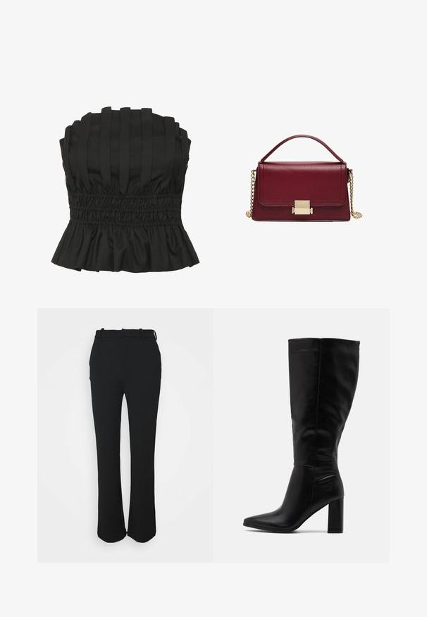 Črna brezramna majica z vertikalnimi naborki, elastiko v pasu in volančkom na robu. Narejena iz teksturiranega materiala za oprijet silhueto.; Črne, krojene hlače z gladkim zaključkom, ravnim krojem in pasom. Imajo subtilne šive in brez žepov.; RAID JORDANN - Škornji z visoko peto - black; Bordo usnjena torbica s strukturirano zasnovo, z zlatim okovjem in odstranljivo verižico. Gladka tekstura in pravokotna oblika.