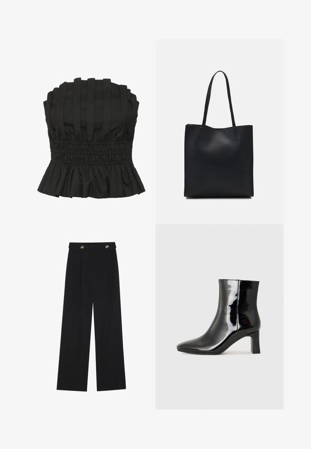 Top negru fără bretele, cu plisuri verticale, talie elastică și o margine ondulată. Fabricat dintr-un material texturat pentru o siluetă ajustată.; Pantaloni negri cu picioare largi, talie înaltă, detalii cu butoane pe talie și pliseuri în față.; Botine negre din piele lacuită, cu vârful ascuțit și toc bloc de înălțime medie. Textură netedă și design minimalist.; Geantă tote neagră din piele, cu textură netedă, formă rectangulară și două mânere lungi. Fără hardware vizibil sau ornamente.