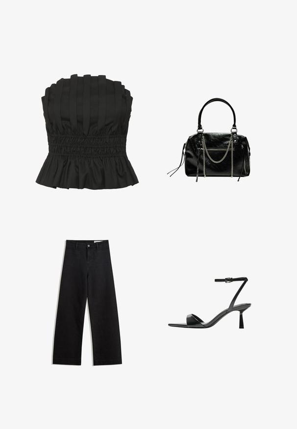 Musta olkaimeton toppi, jossa on pystysuorat poimutukset, kuminauhakujalla varustettu vyötärö ja röyhelöreuna. Valmistettu tekstuurista kangasta, joka muotoilee vartalon linjaa.; Mustat leveät farkut korkealla vyötäröllä, joissa on etu- ja takataskut, ommellut saumat ja nappisuljenta. Silkinoinen rakenne.; Bershka Korolliset sandaalit - black; Bershka WITH CHAIN - Käsilaukku - black
