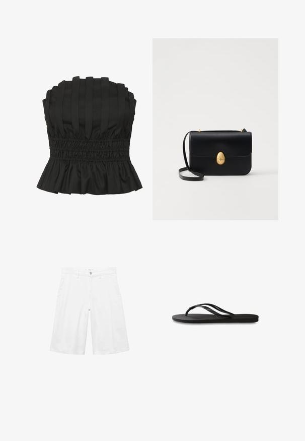 Sort strapless top med vertikale plisseringer, smocket talje og en bølget kant. Lavet af struktureret stof for en tætsiddende silhuet.; Hvide shorts med knaplukning og bæltestropper, der har forlommer og et rent, klassisk design velegnet til afslappet brug.; Sorte flip-flop med en tekstureret gummisål, to slanke stropper og et subtilt, præget logodetalje på stroppen.; Sort læderhandbag med en struktureret rektangulær form. Har et gyldent ovalt lås og en tynd skulderrem. Glat tekstur.