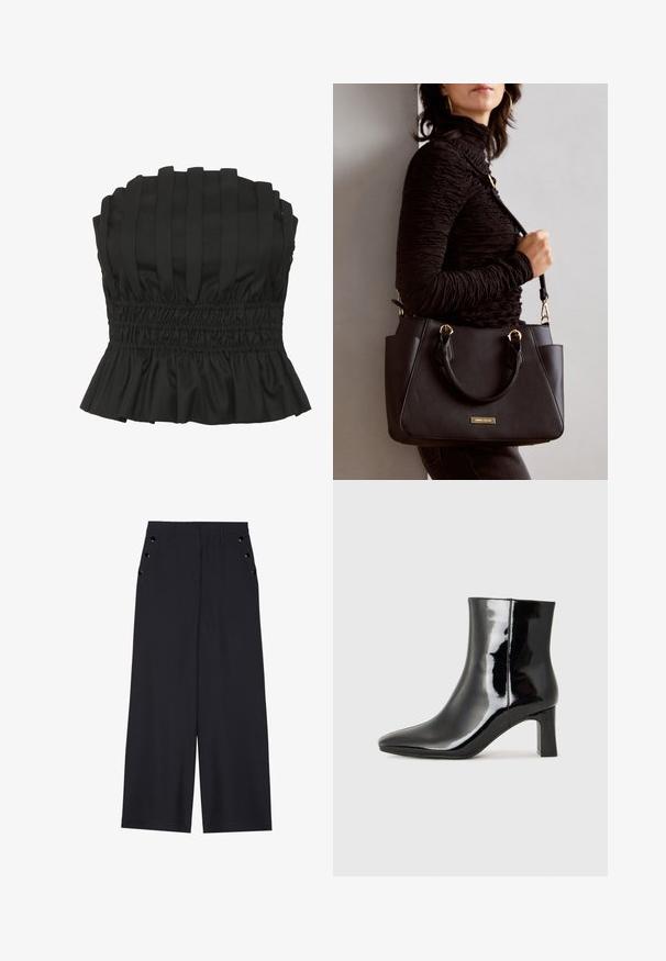 Zwarte strapless top met verticale plooien, smocked taille en een ruffles onderrand. Gemaakt van een gestructureerde stof voor een aansluitende silhouette.; Zwarte wijde broek in donkerblauw materiaal, met een gladde textuur, voorplooien en decoratieve goudkleurige ogen op de zijzakken.; Zwarte gepolijste leren enkellaars met een spitse neus en een blokhak van gemiddelde hoogte. Glad textuur en minimalistisch ontwerp.; Zwarte handtas met gestructureerd oppervlak, dubbele bovenhandvatten en verstelbare schouderriem. Voorzien van goudkleurige hardware en zijzakken.