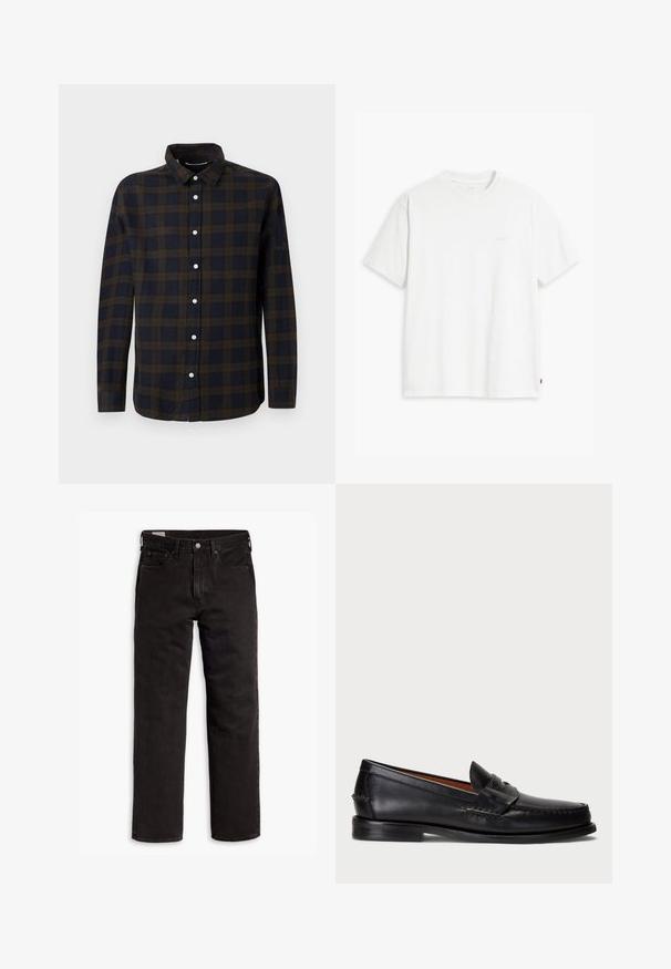 Camicia a maniche lunghe di colore blu scuro con motivo a quadri marroni. Realizzata in tessuto morbido, presenta una chiusura con bottoni e un colletto classico.; T-shirt bianca in cotone con maniche corte, colletto tondo e logo Levi's discreto stampato al centro. Texture morbida e vestibilità standard.; Jeans in denim neri a gamba dritta con cinque tasche, chiusura a bottone e passanti per cintura, adagiati su uno sfondo bianco.; Mocassino in pelle nera con punta arrotondata, dettagli cuciti e una fascia decorativa sul davanti. Suola piatta con profilo minimal.