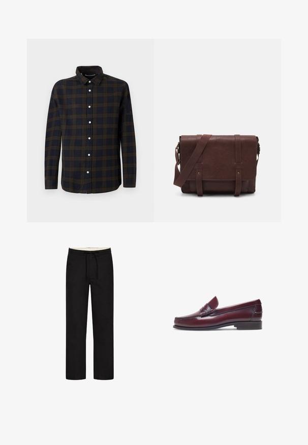 Donkerblauw overhemd met lange mouwen en een bruine ruitpatroon. Gemaakt van zachte stof, met een knoopsluiting aan de voorkant en een klassieke kraag.; Zwarte rechte broek met een elastische tailleband, aantrekkoord en een bescheiden ontwerp. Zachte stoftextuur. Geen zichtbare patronen of accenten.; Bordeaux leren instapper met een ronde neus, gestikte details en een kleine decoratieve accent op de schacht. Platte, contrasterende zool.; Bruine lederen schoudertas met een platte voorflap, twee banden, gouden hardware-accenten en een verstelbare schouderband.