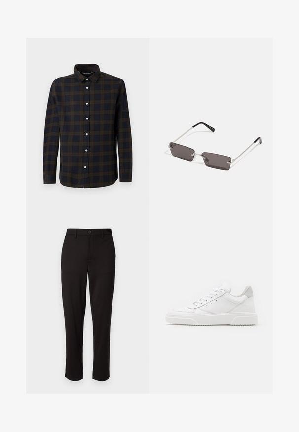 Langärmeliges Hemd in Dunkelblau mit braunem Karomuster. Aus weichem Stoff gefertigt, mit durchgehender Knopfleiste und klassischem Kragen.; Schwarze Hose aus leichtem Stoff, im geraden Schnitt, mit vorderem Knopfverschluss, Gürtelschlaufen und Seitentaschen.; Weiße Leder-Sneaker mit glatter Oberfläche, rundem Zehenbereich, flachen Schnürsenkeln und strukturiertem Schuhsohlen. Graues Wildleder-Detail an der Ferse.; Sonnenbrille mit rechteckigen, dunkelgrauen Gläsern, silbernen Metallrahmen und schwarzen Kunststoffenden an den Bügeln. Leichtes Design mit Nasenpads.