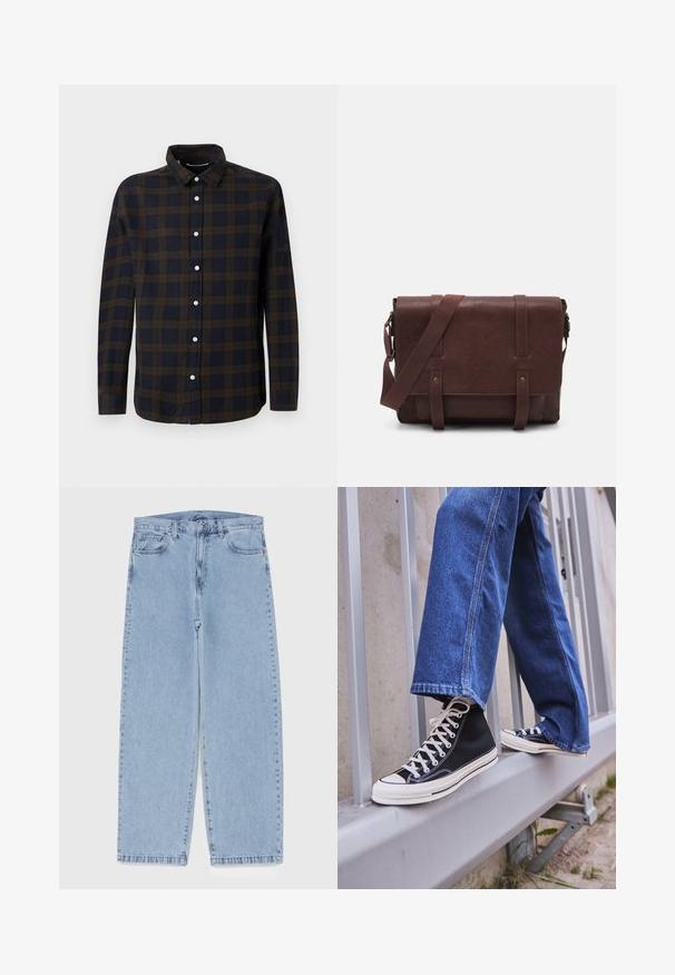 Hosszú ujjú, sötétkék ing barna kockás mintával. Puha anyagból készült, gombos elülső résszel és klasszikus gallérral rendelkezik.; Világoskék farmernadrág egyenes szárú kivitelben, közepes derékkal, öt zsebbel, gombos és cipzáros záródással.; Fekete magasszárú sportcipők fehér talppal és fűzővel, laza kék farmernadrággal párosítva, egy szürke korlát tetején pihenve.; Barna bőr válltáska, lapos elülső fedéllel, két pánttal, arany színű fém kiegészítőkkel és állítható vállpánttal.