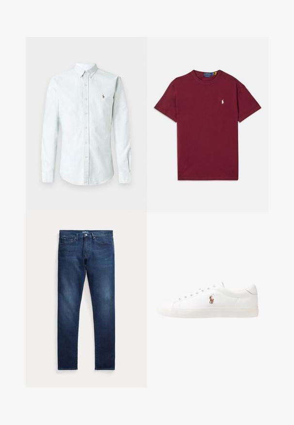 Světle modrá a bílá pruhovaná košile s dlouhým rukávem, s límečkem na knoflíky a předním zapínáním na knoflíky, s malým vyšitým logem.; Burgundská bavlněná tričko s krátkým rukávem, kulatým výstřihem a vyšívaným bílým logem na levé hrudi. Hladká textura a klasický střih.; Tmavě modré džíny z denimu s rovnými nohavicemi, pět kapes, zapínání na knoflík a jemné vyblednutí v oblasti stehen.; Bílé kožené tenisky, nízký střih, s hladkým povrchem, kulatou špičkou, šněrováním v přední části a malým vyšitým logem na boku.