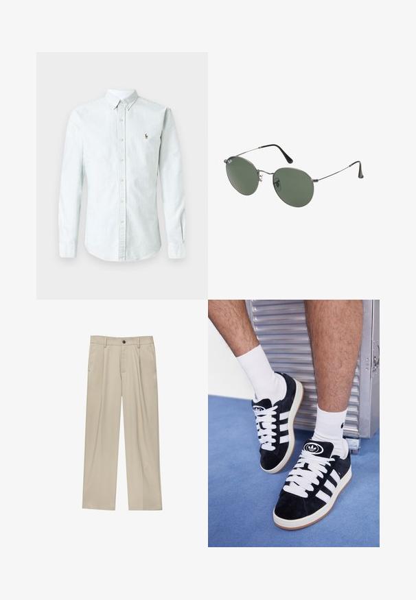 Svetlo modra in bela prugasta srajca z dolgimi rokavi, z ovratnikom na gumbe in sprednjim gumbom, ki ima majhen vezen logotip.; Bež hlače ravnega kroja, z enim črnim gumbom, zanke za pas in stranskimi žepi. Gladka tekstura tkanine in minimalističen dizajn.; Črne semiš teniske z belimi vezalkami in tremi belimi črtami. Imajo okroglo črno oznako na jezičku in gumijast podplat.; Sončna očala z ovalnimi zelenimi lečami v kovinskem okvirju. Tanjši srebrni kovinski okvir in črne ušesne konice. Minimalistična zasnova, brez vidnih logotipov.