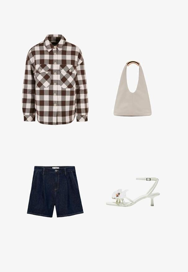 Camicia a quadri marrone e bianca con due tasche sul petto, caratterizzata da un colletto classico e una chiusura con bottoni. Tessuto morbido.; Shorts in denim blu scuro con vita alta, dotati di due tasche laterali e chiusura con bottone anteriore. Texture liscia e design casual.; Sandaletta bianca con tacco, realizzata in materiale testurizzato, caratterizzata da un ampio accento floreale sulla punta, sottili cinturini e un tacco a stiletto di media altezza.; Borsa in pelle grigio chiaro con design a forma di U e manico metallico curvo. Texture liscia con cuciture minime e senza motivi visibili.