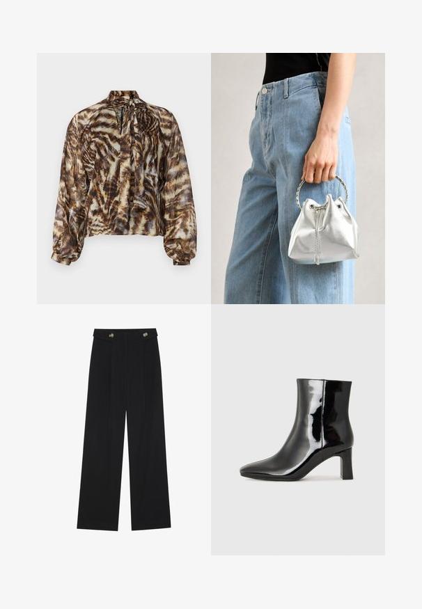 Áttetsző barna blúz, megkötős nyakkal, absztrakt állatmintás mintázattal. Hosszú ujjak, ráncolt mandzsettával, laza fazon és puha textúra.; Fekete, bő szárú nadrág magas derékkal, gombos részletekkel a derékrészen és elülső pliszékkal.; Fekete lakk bőrcipő bokáig érő, hegyes orral és közepes magasságú tömbsarokkal. Simább textúrával és minimalista dizájnnal rendelkezik.; Fémes ezüst színű vödör táska, texturált felülettel, ezüst kerek füllel és húzózárral, világoskék farmer mellett tartva.