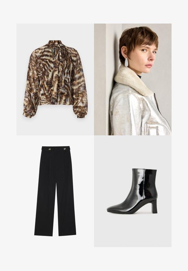 Gjennomsiktig brun bluse med knytehals, med et abstrakt dyreprint mønster. Lange ermer med rynkete mansjetter, løs passform og myk tekstur.; Svart vide bukser med høy midje, knappdetaljer på midjebåndet og frontplisser.; Sorte patentlær ankle boot med spiss tå og en mellomhøy blokkhelt. Glatt tekstur og minimalistisk design.; Sølvmetallisk lærjakke med lammeskinnskrage, med glidelås og strukturert overflate. Store dråpeformede øredobber med klare edelstener.