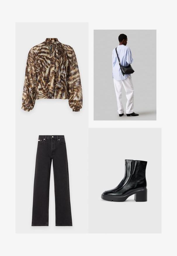 Caura brūna blūze ar saitēm ap kaklu, kurai ir abstrakts dzīvnieku drukas raksts. Garas piedurknes ar saritinātiem aprocēm, brīvs piegriezums un mīksta tekstūra.; Melni platmalu džinsi, kas izgatavoti no denima, ar augstu vidukli, piecu kabatu dizainu un metāla pogas aizdari ar kontrastējošu šuvumu.; Melnas lakotas ādas potītes zābaki ar izliekto purngalu, elastīgām sānu paneļiem un masīvu blokveida papēdi. Aizmugurē ir izsistā logo.; Melna ādas plecu soma ar mīkstu tekstūru, trīsstūra formu un regulējamu siksnu, apvienota ar gaiši zilu svītrotu krekli un baltām biksēm.