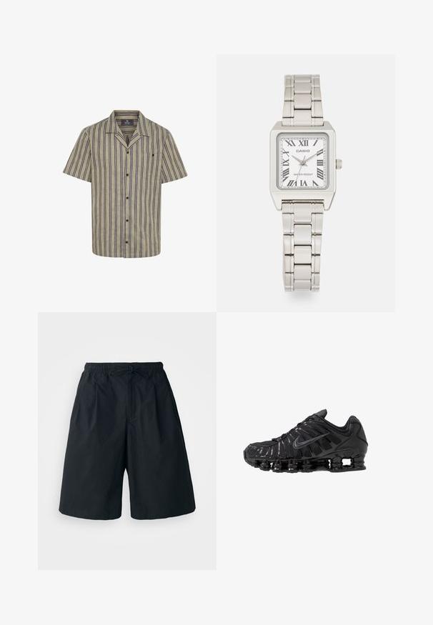 Lyhytnukkainen paita vaaleanbeigessä, jossa on tummansinisiä pystyraitoja, yksittäinen rintatasku, kauluspaita-malli ja nappisulku.; Mustat shortsit, joissa on joustava vyötärö ja säädettävä nauha. Valmistettu sileästä kankaasta, löysä istuvuus ja ei näkyviä kuvioita.; Mustat urheilukengät, jotka on valmistettu verkkokankaasta ja synteettisistä materiaaleista. Niissä on erottuva aaltoileva kuvio, musta kumipohja ja heijastavia yksityiskohtia.; Hopea metallinen rannekello, jossa on neliön muotoinen kuori, valkoinen näyttö, roomalaiset numerot ja hopeinen linkkiranneke. Sisältää vedenkestävän rakenteen.