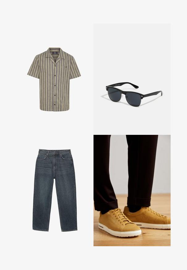 Kratka majica s kratkimi rokavi v svetlem bež odtenku z mornarsko modrimi vertikalnimi črtami, z enim žepom na prsih, ovratni dizajn in zapiranje na gumbe.; Temno modri jeans s ravnim krojem, petimi žepi, loči za pas in subtilnim zbledelostjo na materialu. S tlakovanimi robovi.; Rumene rebraste teniske z belimi podplati, zaobljenih prstov, z vezalkami in teksturirano površino, oblečene s črnimi hlačami z manšetami na lesenem tleh.; Črne sončne naočare pravokotne oblike, temna leča, srebrni detajli na ušesih in mat površina na okvirju.