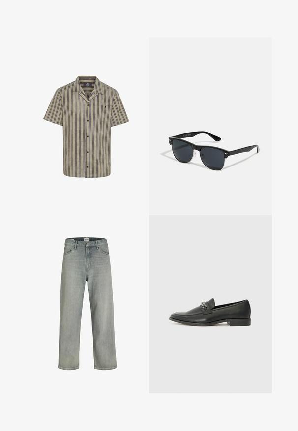 Šviesiai smėlinė trumpomis rankovėmis marškiniai su tamsiai mėlynomis vertikaliomis juostelėmis, viena krūtinės kišenė, apykaklės dizainas ir sagčių uždarymas.; Šviesiai pilkos, laisvai krentančios džinsinės kelnės. Turi klasikinį penkių kišenių dizainą, diržo kilpas ir tiesius kojų siluetus.; Juodos odinės loafer tipo bateliai su lygiu paviršiumi, turintys siuvinėtą dizainą ir dekoratyvų metalo grandinėlės akcentą ant batų viršaus. Plokščias kulnas.; Juodos saulės akinių su stačiakampiu rėmeliu, tamsiais lęšiais, sidabrinėmis detalėmis šventrajose ir matinio paviršiaus rėmeliu.