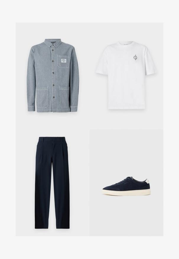 Gestreifte blaue Arbeitsjacke mit Knopfverschluss, zwei vorderen Taschen und einer Brusttasche mit einem Etikett. Material mit Baumwollanteil.; Weißes Baumwoll-T-Shirt mit lockerer Passform, das ein kleines schwarzes Grafiklogo auf der linken Brustseite aufweist. Kurze Ärmel, Rundhalsausschnitt.; Marineblaue Hose mit glatter Textur, weiter Beinschnitt, Vorderfalten, Gürtelschlaufen und Reißverschluss. Geeignet für formelle oder lässige Anlässe.; Navy Suede Sneakers mit einem glatten Obermaterial, weißer Gummisohle und einfachem Schnürdesign. Verfügt über ein kleines Logo an der Seite.